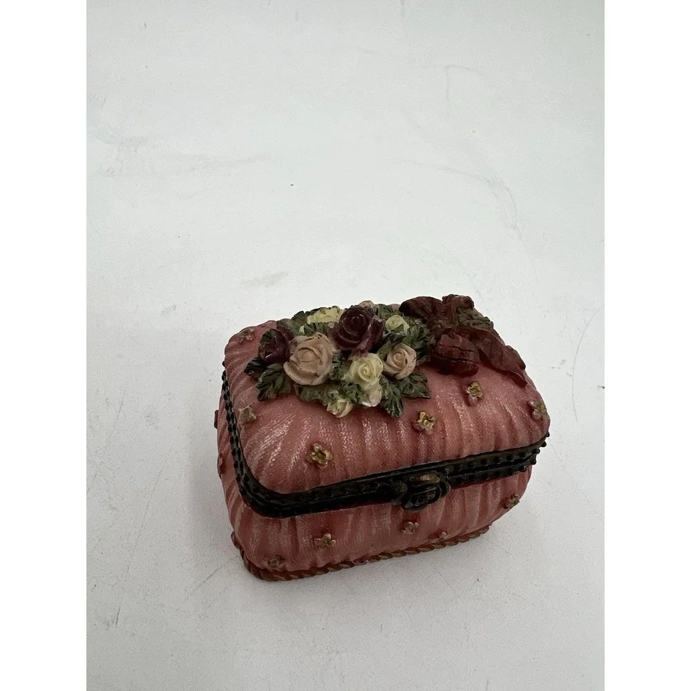 Pink Floral Decorative Trinket Box with Hinged Lid Collectible